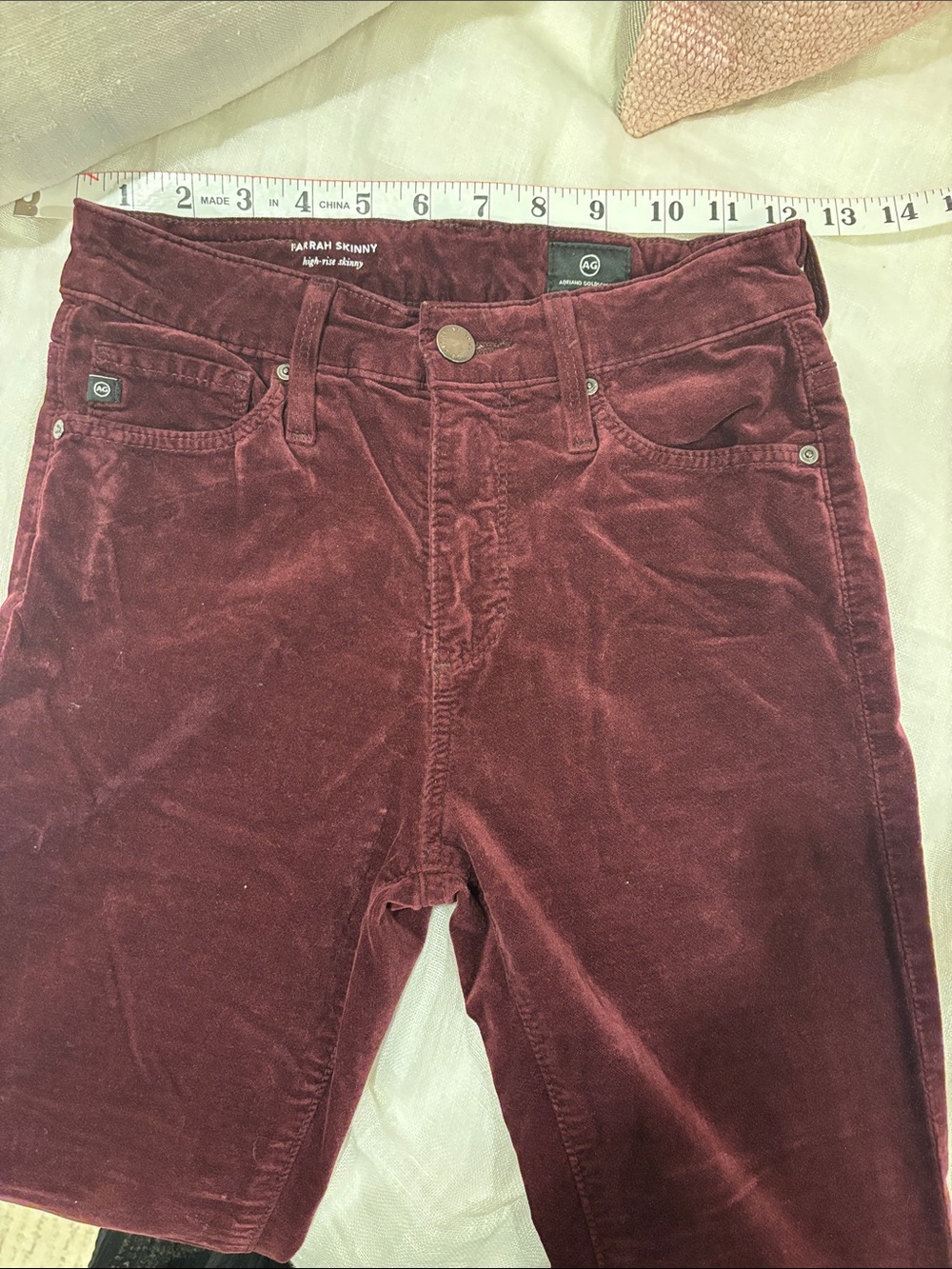 Ag Adriano Goldschmied Farrah Skinny Velvet Jeans in Burgundy Wine